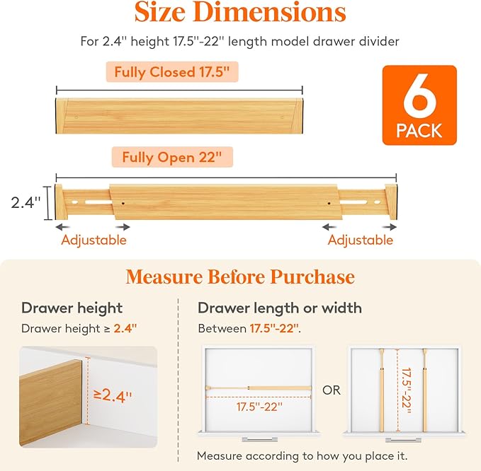 Lifewit 2.4" High 6 Pack Bamboo Drawer Dividers 45-55cm/17.5-22" Adjustable Wooden Drawer Organizer for Clothes/Utensils, Expandable Drawer Separator for Dresser/Kitchen/Bedroom/Office Organization