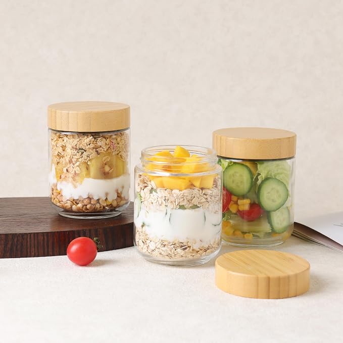 6pcs Glass Overnight Oats Containers with Lids, 16oz Storage Containers | Glass Storage for Dry Food, Jars with Bamboo Lids for Yogurt & Salad, Portable for Picnic & Lunch