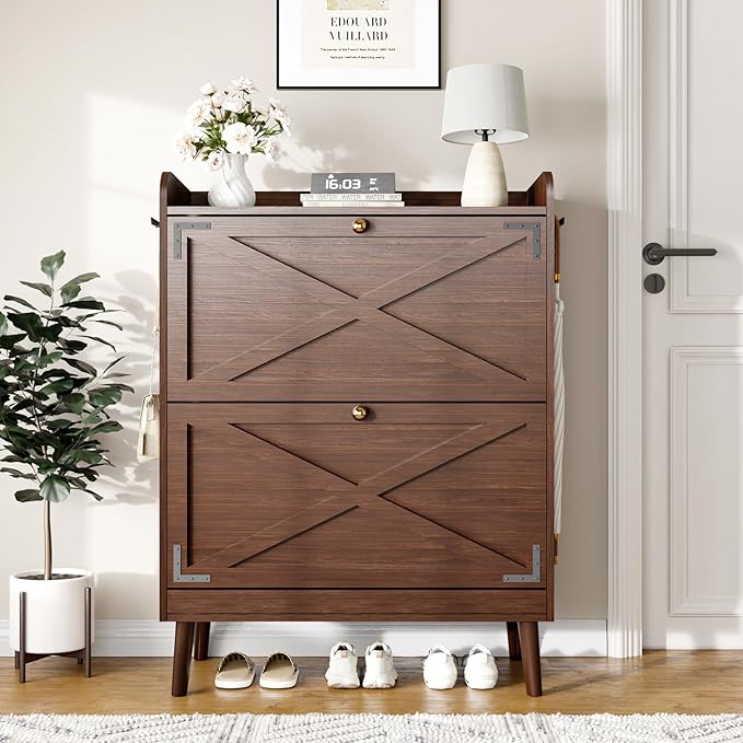 Shoe Storage Cabinet with 2 Flip Drawers & Adjustable Shelves, Freestanding Shoe Cabinet with Side Hooks Narrow Shoe Rack Cabinet for Entryway, Hallway, Rustic Brown