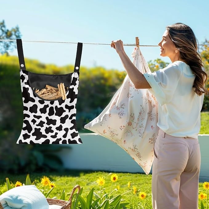 Milk Cow Print Clothespin Bag with Hanging Hook Summer Laundry Clothes Pin Holder Waterproof Clothes Pin Hanging Bag Clothespin Storage Organizer with Large Opening