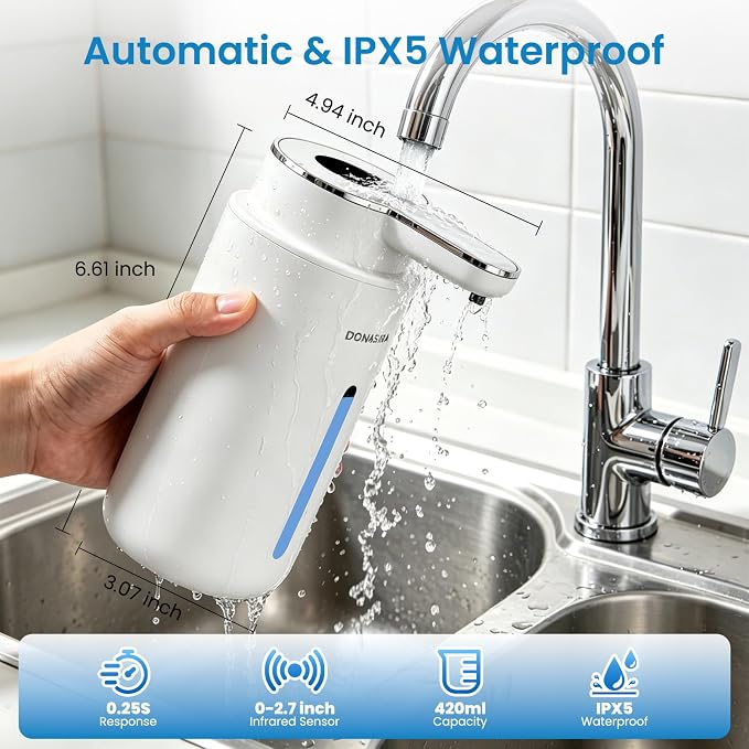 Automatic Foaming Soap Dispenser Touchless, 15oz/420ml USB-C Rechargeable Hand Soap Dispenser, 6-Level Adjustable Foam, IPX5 Waterproof, Wall Mount or Countertop for Bathroom Kitchen, White