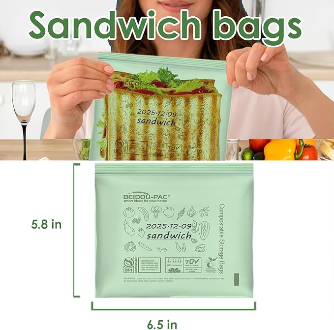 BEIDOU-PAC Compostable Sandwich Food Storage Freezer Bags, 80 Count | 2 Mil | 6.5 IN x 5.8 IN, Freshness Easy Open Biodegradable Eco-Friendly Reclosable Compost Zip Bags