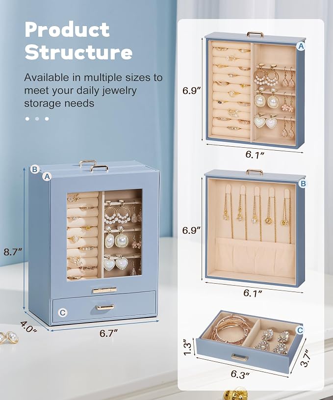 Homde Display Jewelry Box for Girls: Starter Organizer with Clear Window | Vertical Drawers for Earrings Rings Necklaces - Compact Footprint Fits Small Vanities - Birthday&Graduation Gift for Teens