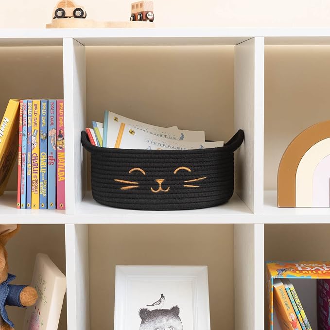 Small Storage Basket, Black Cute Pet Toy Storage for Cats, Dogs, Decorative Rope Bin for Organizing, Empty Gift Basket for Baby, Black, 9.8 x 4 inches