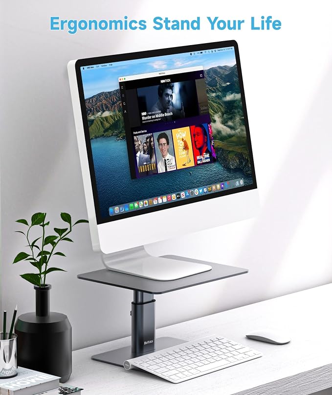 BoYata Monitor Stand, Adjustable Height Metal Desktop Riser, Space Gray | Height-adjustable metal riser with open storage space underneath for monitors, laptops, iMacs, PCs and TVs