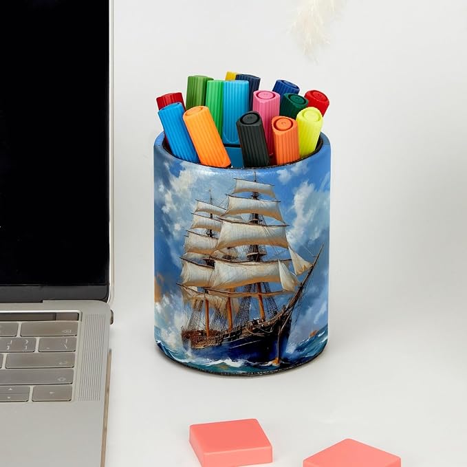 Sea Sailboat Pen Holder Pencil Organizer for Desk, 3.1” x 3.1” x 3.9” Pencil Cup Office Supplies, Large Capacity Cute Pen and Makeup Brush Holder for Home, School, Desktop