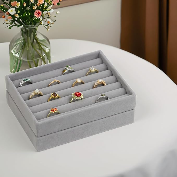 Fordonral Velvet Jewelry Organizer Box, Jewelry Drawer Organizers Trays, Earring Ring Necklace Holder Display Case (Gray, Ring+6 Grid Trays)