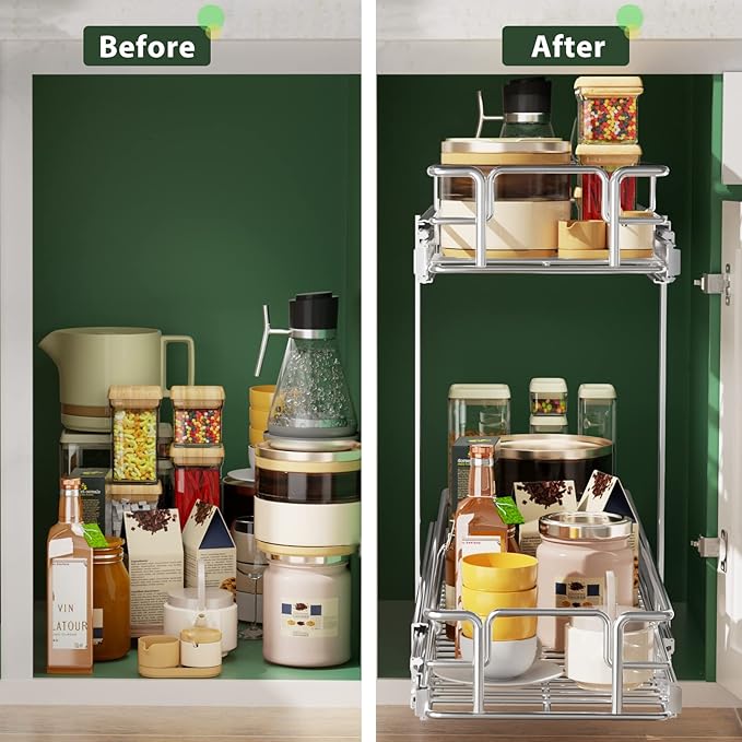 LOVMOR 2 Tier 5½" W x 21½" D, Individual Pull Organizer Kitchen Cabinet Storage Sliding Shelves