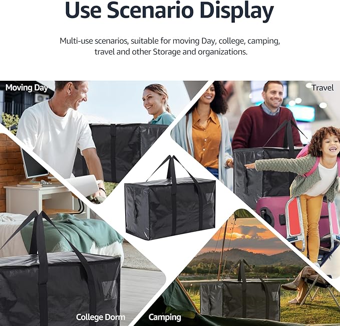 Moving Bags Heavy Duty Extra Large, Moving Boxes, Moving Supplies Essentials, Blue Storage Bins with Lids, Plastic Packing Totes, Storage Bags for Clothes with Handles & Zippers(Black, 6 Pack)