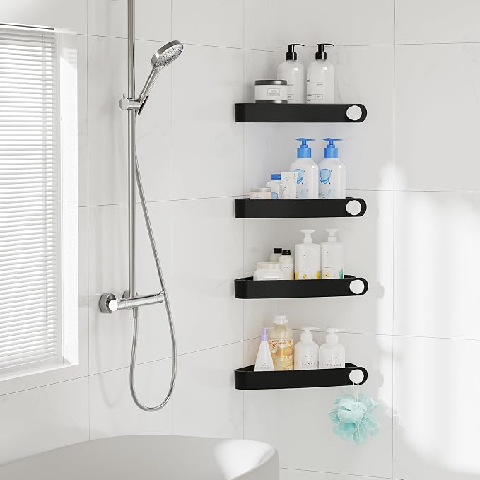 Sotfamily Plastic Shower Caddy Corner (for 90° Only), 4 Pack, Black | Adhesive Corner Shower Shelves for Smooth Wall Bathroom Organizers and Storage, Bathroom Decor
