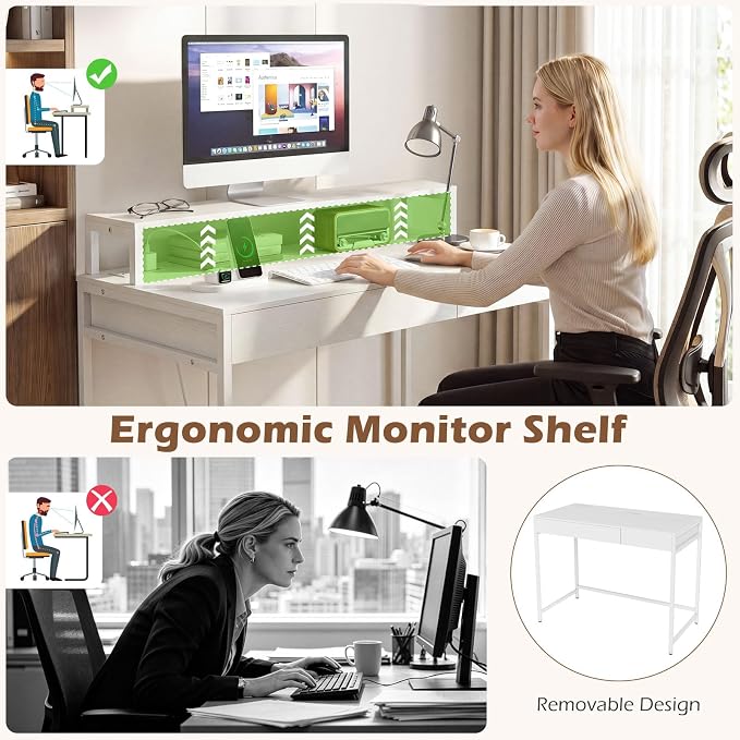 Tangkula Computer Desk with Dual-use Drawer & Keyboard Tray, Home Office Desk with Removable Monitor Shelf & Power Outlets, Modern Writing Desk Study Table for Home Apartment Dorm (White)