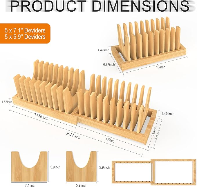 Bamboo Pot and Pan Organizer, Expandable Pot Lid Cutting Board Organizer | Pot and Lid Organizers Inside Cabinet, Adjustable Cutting Board Holder With Non-Slip Base for Kitchen Storage