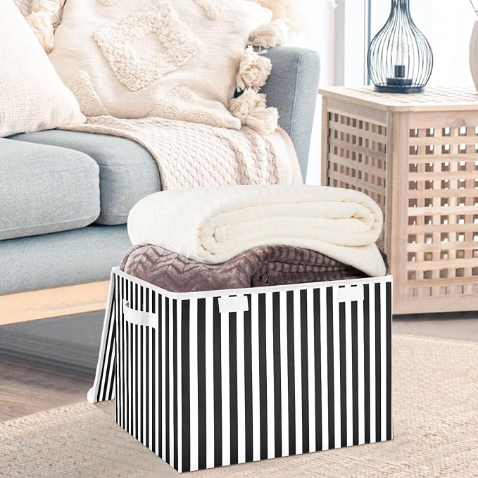CaTaKu Black and White Striped Storage Bins with Lids Fabric Large Storage Container Cube Basket with Handle Decorative Storage Boxes for Organizing Clothes Shelves