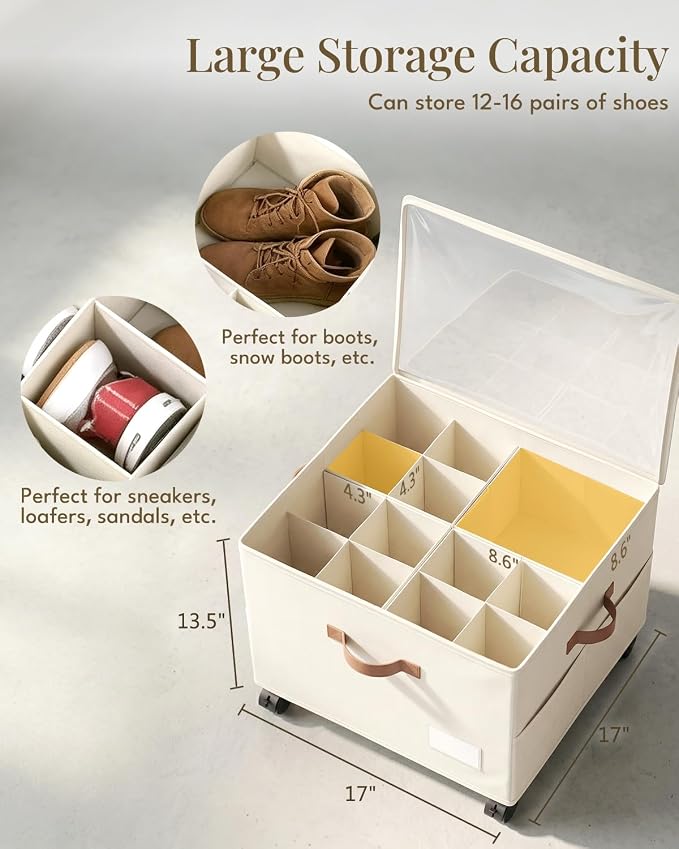 Shoe Organizer for Closet with Wheels - 2 Pack Shoe Storage Box Bin Cubes | Detachable Wheels | Fits 32 Pairs | Adjustable Dividers | Side Pockets | Clear Cover | Foldable | Stackable | Label Holder