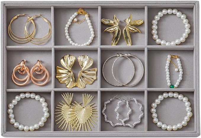 Large Jewelry Organizer for Drawer Insert Velvet Stackable Jewelry Trays for Earring Necklace Bracelet Ring Display (Gray, 12 Grids)