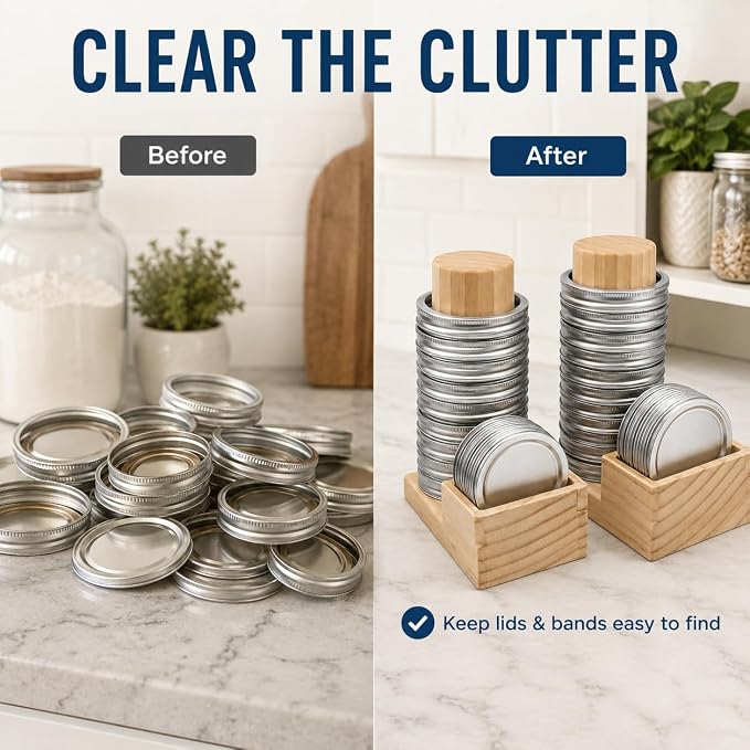 Mason Jar Lid Organizer, 2 Pack Wood Holder for Regular & Wide Mouth | Solid Pine Wood, 2-Pack Set, Regular & Wide Mouth, Holds 26 Rings & 44 Lids, Space-Saving Storage