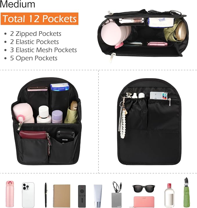 Surblue Backpack Organizer Insert Liner Hanging Travel Rucksack Purse and Handbag Insert Pocket, High-capacity Divider Foldable Nylon Shoulder Bag Organizer for Men and Women, (Black, M)