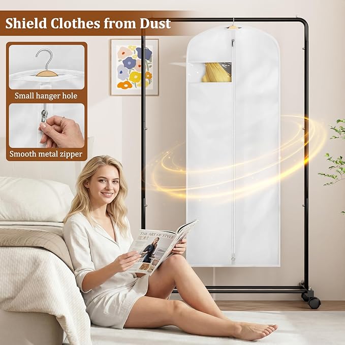 KIMBORA 65" Dress Bags for Gowns Long Garment Bags for Hanging Clothes with Clear Window, Foldable Wedding Dress Cover for Closet Storage and Travel (1 Pack, White)