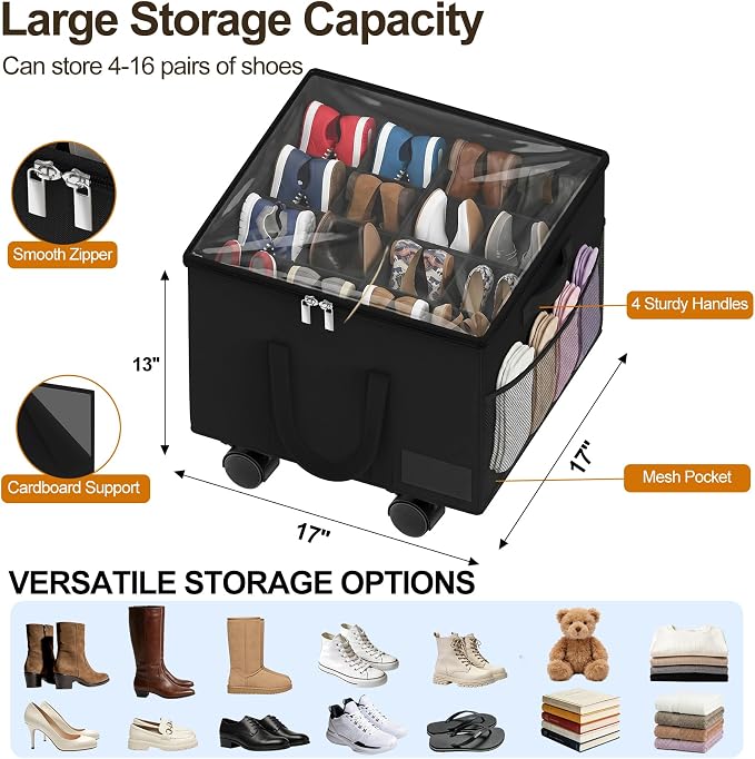 2 Pack Large Shoe Organizer for Closet, 32 Pairs Shoe Storage Box with 360° Wheels & Reinforced Handles, Adjustable Dividers, Clear Cover, Side Pocket, Foldable Oxford Fabric Bin for Entryway, Black