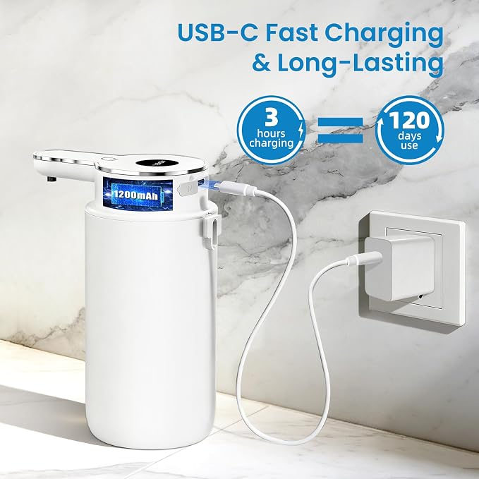 Automatic Foaming Soap Dispenser Touchless, 15oz/420ml USB-C Rechargeable Hand Soap Dispenser, 6-Level Adjustable Foam, IPX5 Waterproof, Wall Mount or Countertop for Bathroom Kitchen, White