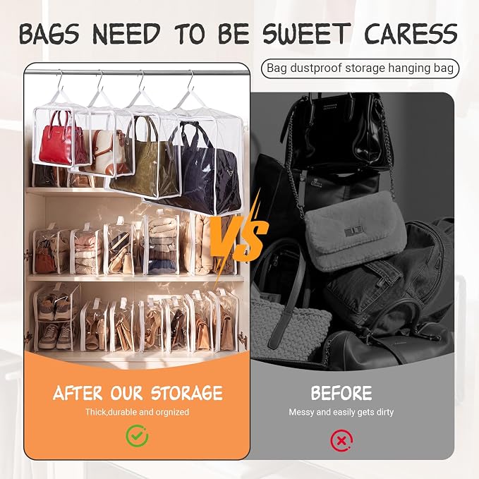Hsei 12 Pcs Clear Dust Bags For Handbags 4 Sizes Fits Mini Wallet Oversized Tote Bags PVC Waterproof Purse Storage Organizer for Luxury Bag Soft Stand-Up with Zipper Handle for Closet Hanging (White)