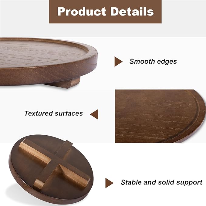 Round Decorative Tray Farmhouse Kitchen Decor Soap Dish, 9" Walnut | Waterproof, Lightweight, Easy Clean, Wood Riser Pedestal Stand Accessories for Office Desk, Vanity, Counter, Sink
