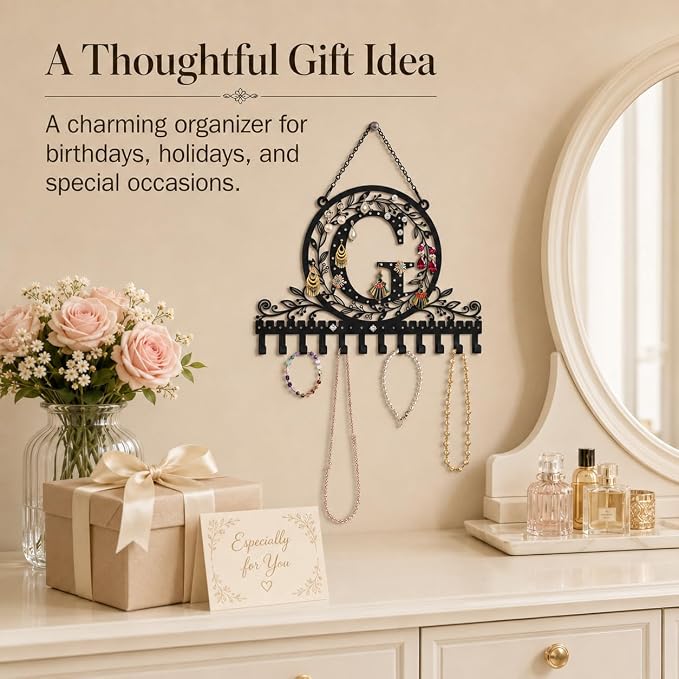 Personalized Wall Mounted Metal Initial Letter G Earring Holder Jewelry Organizer for Earrings and Necklaces Space Saving Wall Display with Hooks Jewelry Storage Bedroom Vanity Gift for Women