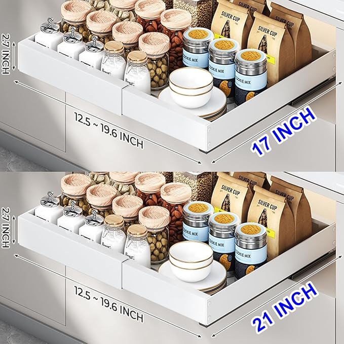 1pack Pull Out Under Sink Organizer – Expandable Sliding Cabinet Shelf for Kitchen, Bathroom, Pantry – Heavy Duty Metal Storage Rack for Cleaning Supplies and Bottles (White, 12.5-19.6 x 17 Inch)