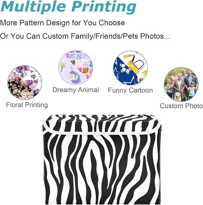 CaTaKu Large Fabric Storage Bins With Lids, Black White Zebra Print Storage Boxes With Handles for Organizing Clothes, Collapsible Storage Cube Bins Baskets for Shelves