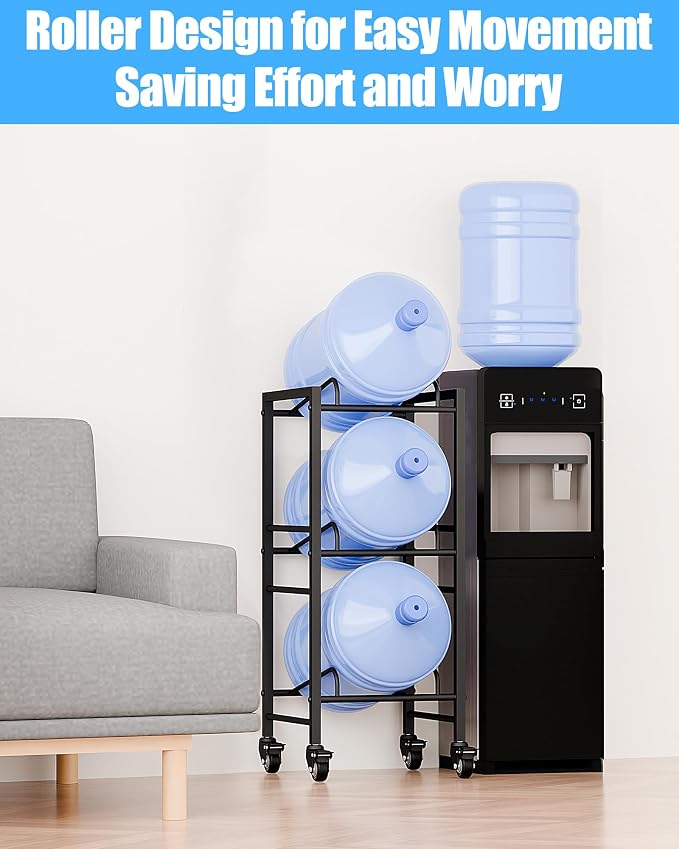 5 Gallon Water Jug Holder, Movable 3 Tier Heavy Duty Water Rack with 4 Wheels, Rack for Water Jug Storage, Space Saving Water Stand for Three 5 Gallon Water Jugs, Black
