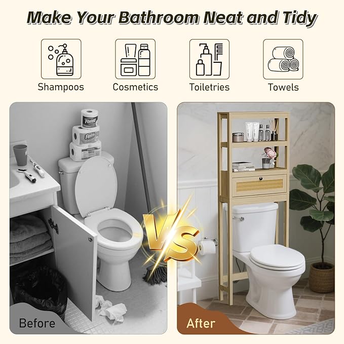 Over Toilet Storage Cabinet with Barn Door & Adjustable Shelves | 24 Inch Wide Bathroom Organizer, Space-Saving, Sturdy Wood, Anti-Tipping, Easy Assembly, for Restroom, Laundry, Small Spaces