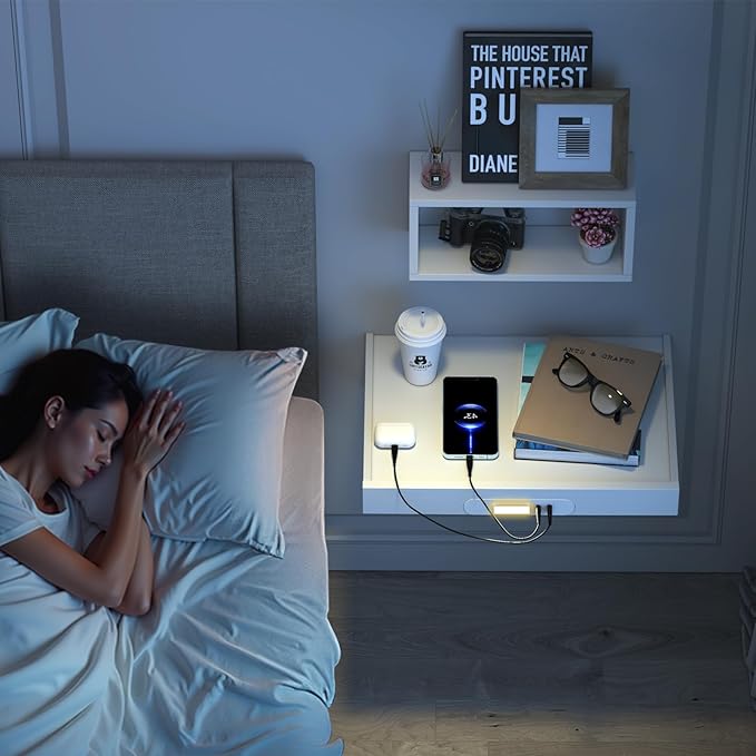 TEAMIX Floating Nightstand with Charging Station, Wall Mounted Folding Bedside Shelf Combo Wood Nightstand with Led Light USB Type C Ports, Bed Side Storage Tray Caddy for Bedroom, Living Room, Dorm