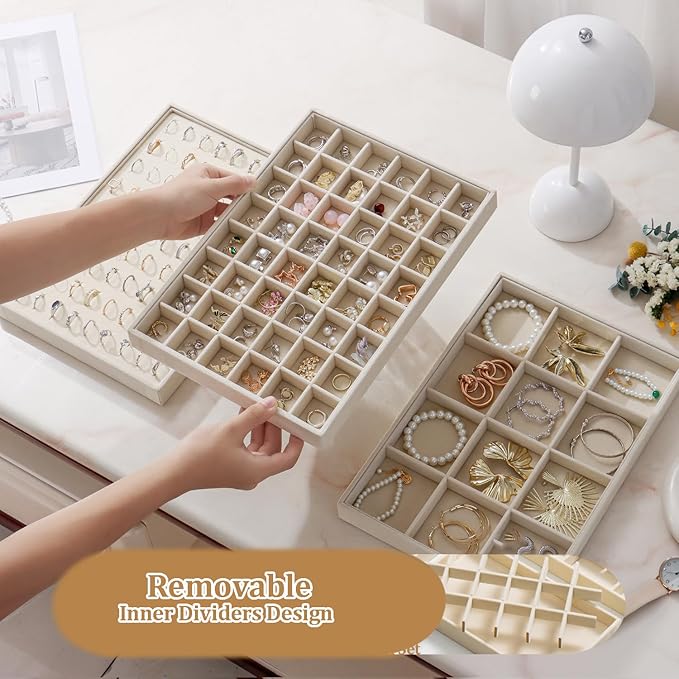 Large Jewelry Organizer for Drawer Insert Velvet Stackable Jewelry Trays for Earring Necklace Bracelet Ring Display (Beige, 48 Grids)