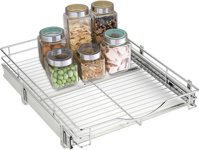 DINDON Pull Out Cabinet Organizer, (14" W x 18" D) Heavy-Duty Metal Sliding Drawer Shelf, Bathroom Under Sink Kitchen Cabinets Organizer and Storage Slide Out Shelves, Chrome, 1 Tier, 2 Pack