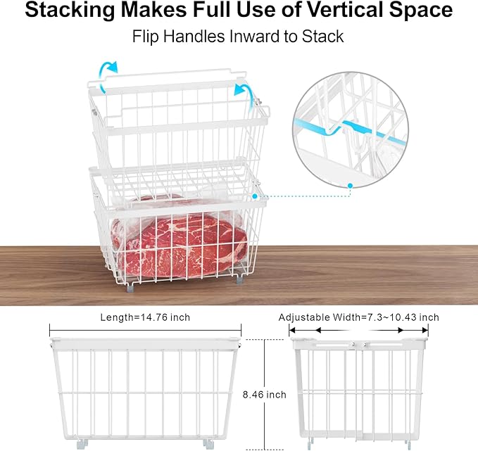 iSPECLE Freezer Organizer Bins - 6 Pack Adjustable Width for 5 to 7 Cu.Ft Chest Freezers, Stackable Wire Storage Baskets, Assembly Required, White