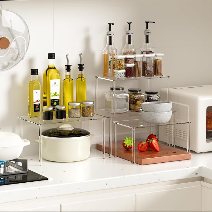 Jusalpha Acrylic Riser Stand Cabinet Organizer, Spice Rack Organizer, Desk Countertop Shelf, Pantry Kitchen Storage, Stackable Shelves for House Organization (Set of 4)