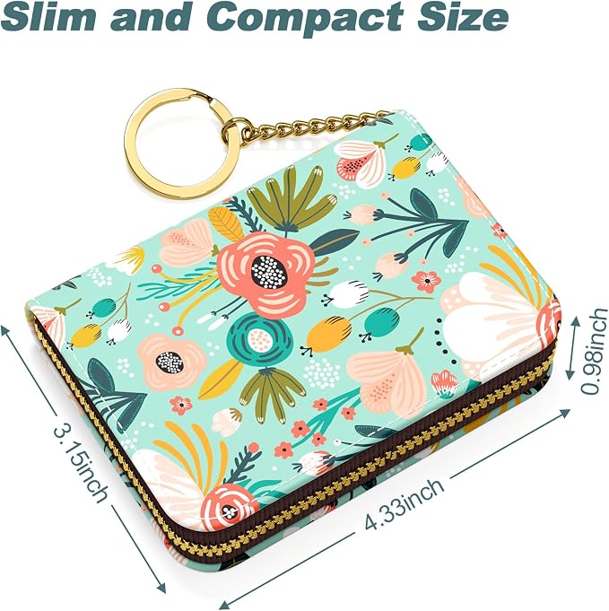 Nipichsha Women's Credit Card Holder Wallet, Green Flower, Leather, Compact, Slim, 12-Slot, RFID Blocking