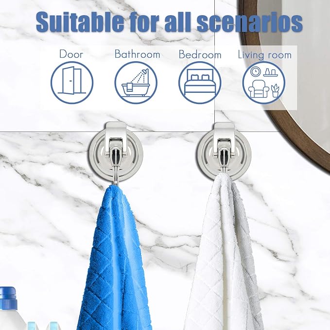 Heavy Duty Vacuum Suction Cup Hooks, Silver Plated Polished ABS Plastic and TPU Rubber Super Suction for Kitchen Bathroom, 1 Pack