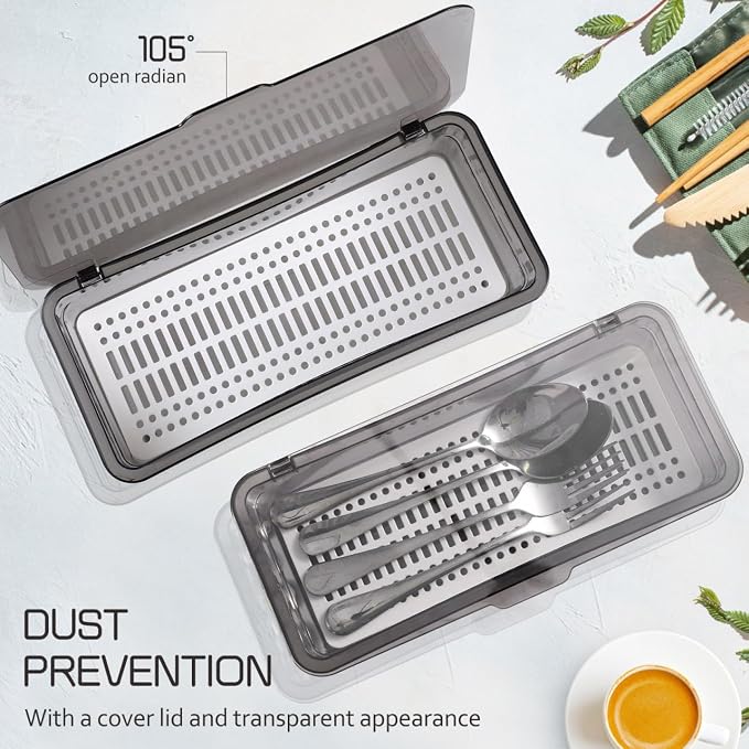 Cabilock 3 Pack Silverware Organizer with Lid, Cutlery Tray Utensil Holder for Kitchen Drawer, Dustproof Flatware Storage Box with Drainer for RV Camping, Black