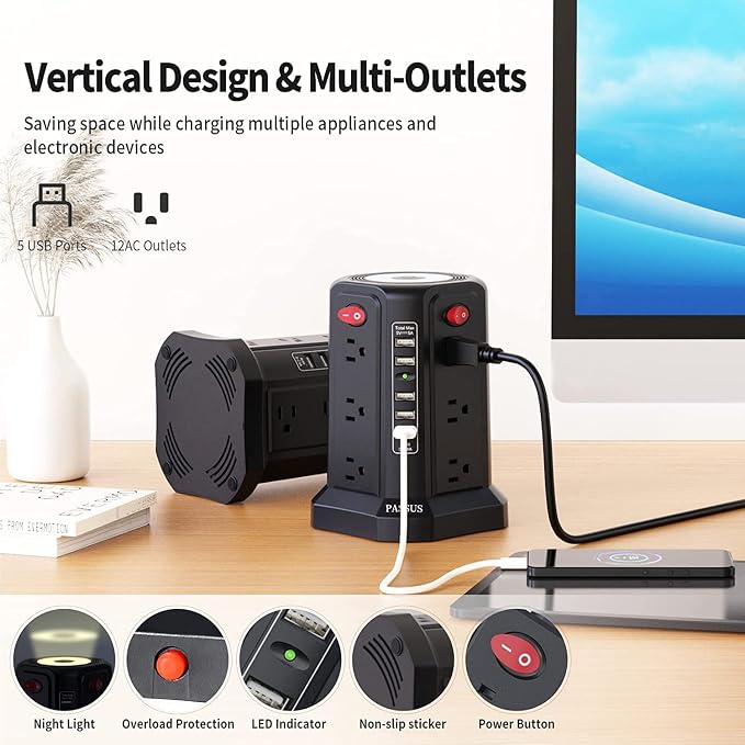 Surge Protector Power Strip Tower with 5 USB Ports and Night Light, 10FT Extension Cord with 12 AC Multiple Outlets, PASSUS Power Tower, Overload Protection for Home Office Dorm Room (2PC-Black)