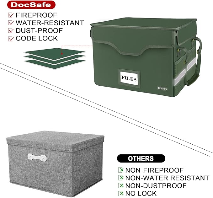 DocSafe Fireproof Document Box with Lock,File Storage Organizer with Mesh Pockets＆Lid,Collapsible Portable File Box Home Office Safe Filing Cabinet with Handle for Hanging Letter/Legal Folder,Green