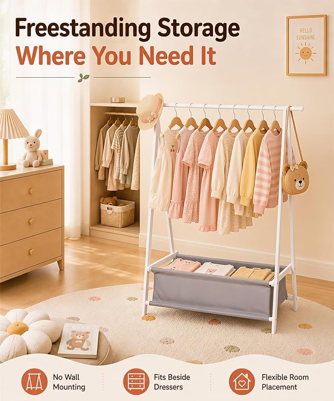Homde Sturdy Kids Clothes Rack: 66 lb Capacity for Growing Wardrobe Needs | Hanging Rod Holds Clothes, Basket Stores Items Below - Helps Kids Build Tidy Habits - Angled Bamboo Side Frames Add Stability