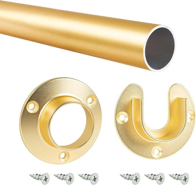 Outwater 32" Satin Brass Aluminum Closet Rod Kit – 1-5/16" Diameter with Matching U & O Flanges and Mounting Screws