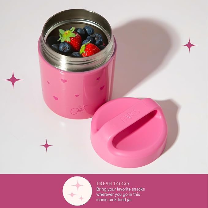 Paris Hilton Stainless Steel Food Jar, Double Wall Vacuum Sealed Insulated Food Storage Container with Carry Handle Lid, 12-Ounce, Pink with Heart Design