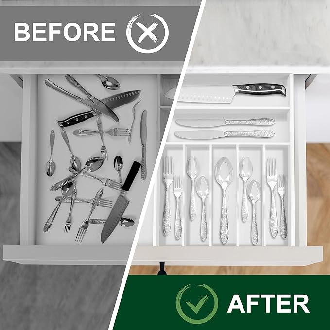 Bellsal White Utensil Organizer 12.5 Inch Silverware Tray for Drawer Utensil Holder Cutlery Organizer Kitchen Drawer Organizer 7 Compartment Small Narrow Bamboo | Natural Bamboo White, 7 Compartment, Durable, Small Narrow Organizer, Silverware Tray, Ut...