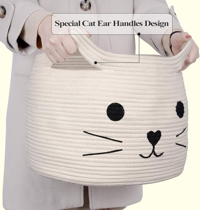 Large Woven Cotton Rope Storage Basket, Baby Laundry Basket Organizer for Towels, Blanket, Toys, Clothes, Gifts | Pet Gift Baskets for Cat, Dog - 15.7" L×11.8" H