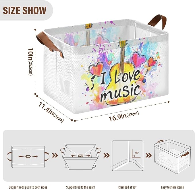 I Love Music Quoted Musical Guitar Storage Basket Foldable Cube Storage Bins with Handles&Label Collapsible Organizer Box Bin Large Rectangle Decorative Baskets for Shelves Home Room Closet, 2 Pack