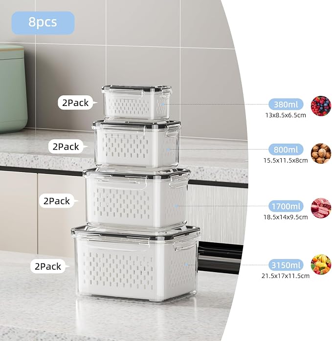 Fruit Storage Container for Fridge with Removable Colander, 8 Pack | Leakproof Produce Containers for Fridge, Airtight Food Storage Container, Keep Fruit, Veggies, Berry, Salad Fresh Longer
