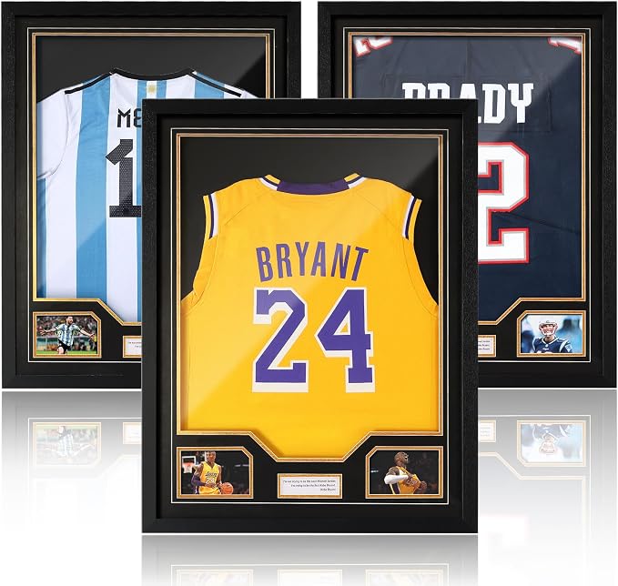 JupDec Jersey Frame Display Case 3 Pack, Large Clear Acrylic Shadow Box with UV Protection for Basketball Baseball Football Soccer Hockey Shirt, Wall Mount Wooden Showcase, Idea Gift for Sports Fans