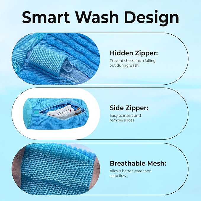 2PCS Shoe Washing Machine Bag with Pair of Shoe Tree and 4 Deodorizer Balls, Durable Zipper Reusable Shoe Washing Bag with 20000+ Fluffy Fiber Lining For 360° Cleaning for Sneakers (Blue)